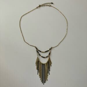 Fringe chain beaded statement necklace gold and gunmetal, boho chic indie
